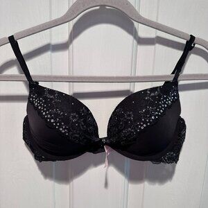 Vintage Victoria's Secert Black Lace and Rhinestone Padded Bra - Size 34C